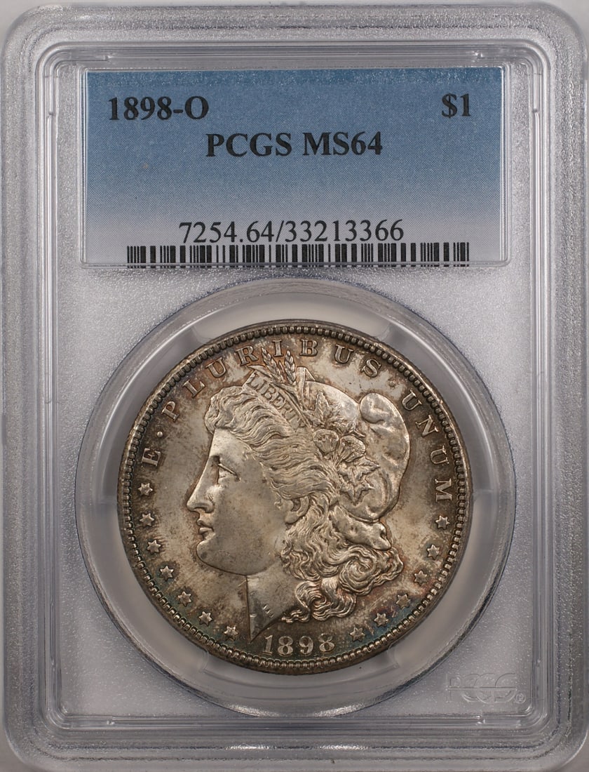 PCGS MS64 1898-O Toned Morgan Dollar Silver Coin from New Orleans Mint: PCGS MS64 1898-O Toned Morgan Dollar Silver Coin from New Orleans Mint This is an 1898-O Morgan Silver Dollar $1 coin, certified by PCGS with a grade of MS 64. The coin is uncirculated and features na