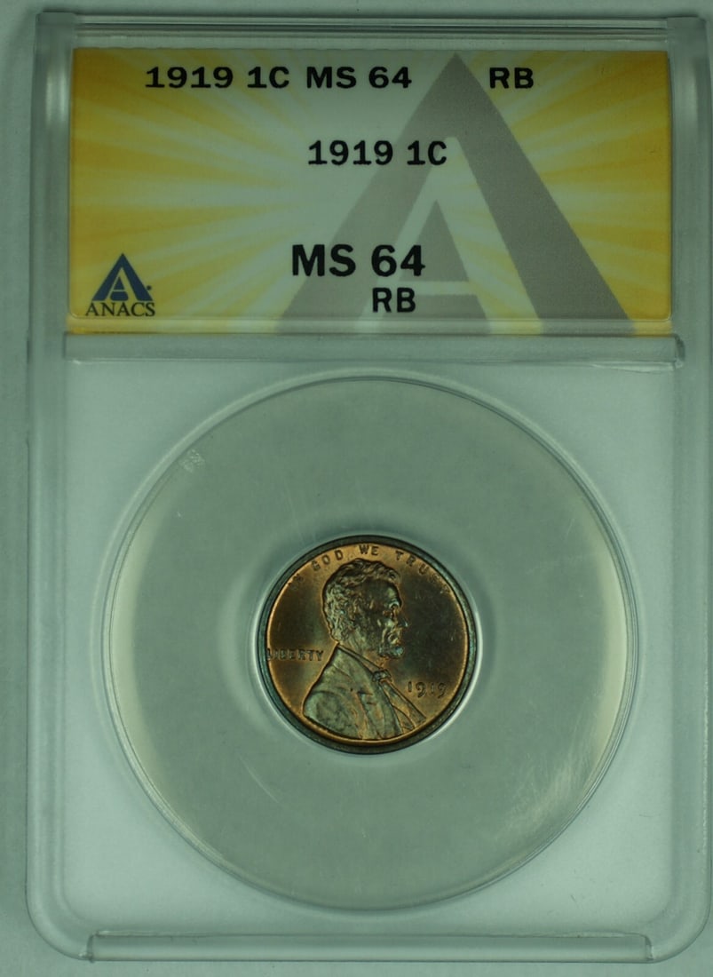 1919 Lincoln Wheat Cent ANACS MS 64 Red Brown Certified Coin: 1919 Lincoln Wheat Cent ANACS MS 64 Red Brown Certified Coin This is a 1919 Lincoln Wheat Cent 1C coin, certified by ANACS with a grade of MS 64 and a Red-Brown (RB) color designation. The coin is an