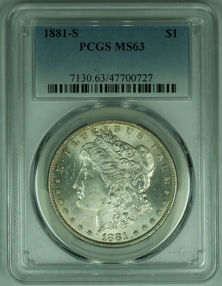 PCGS MS 63 1881-S Morgan Silver Dollar Uncirculated Certified Coin: PCGS MS 63 1881-S Morgan Silver Dollar Uncirculated Certified Coin This 1881-S Morgan Silver Dollar is certified by PCGS with a grade of MS 63. Struck in silver, this uncirculated coin originates from