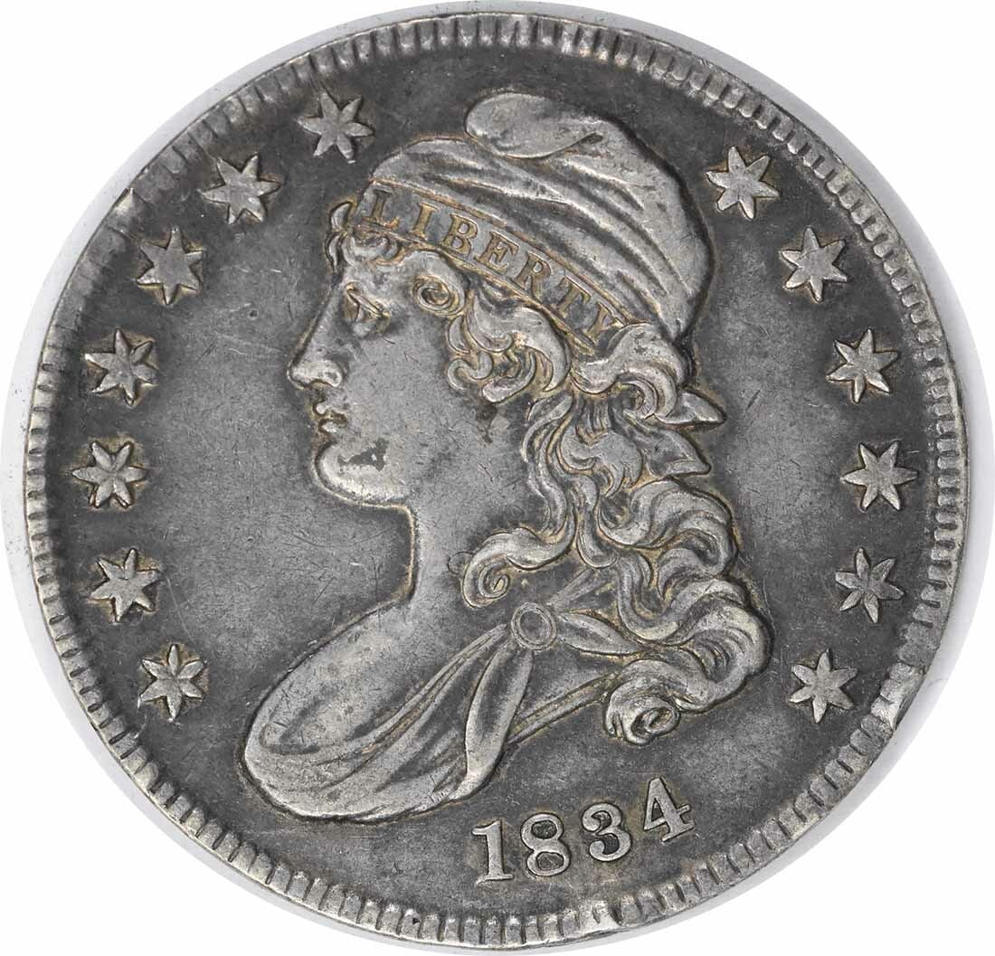 1834 Bust Half Dollar Small Date by John Reich Uncertified: 1834 Bust Half Dollar Small Date by John Reich Uncertified This 1834 Bust Half Dollar features the small date and small letters variety, showcasing a striking design by John Reich. This coin is a choi