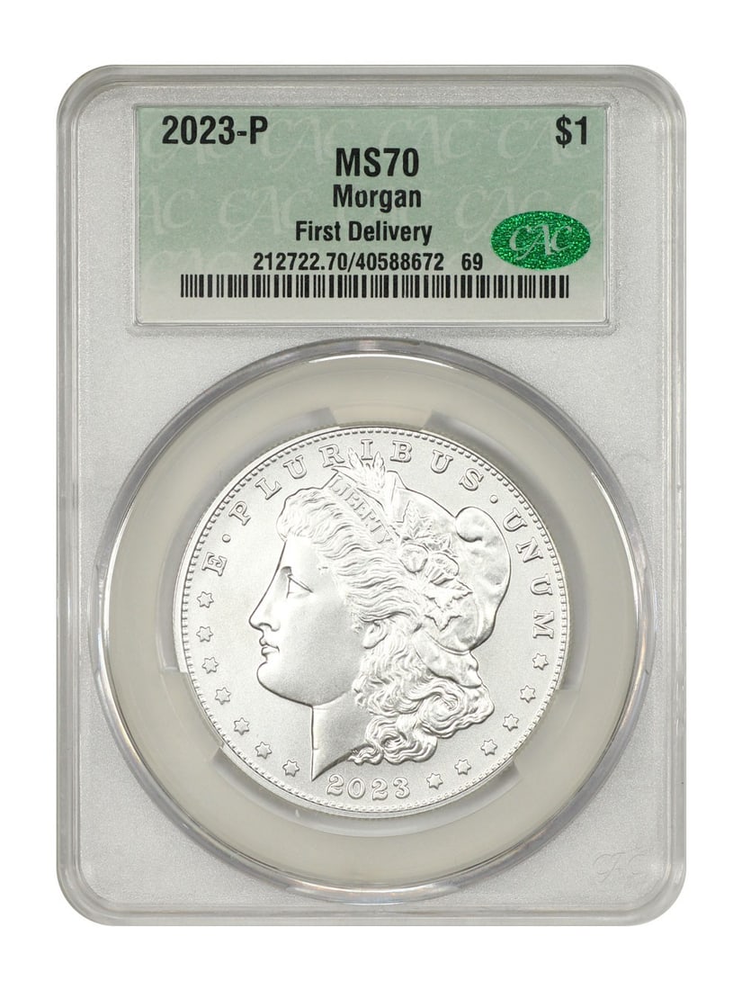 Morgan Dollar 2023 Philadelphia CACG MS70 First Delivery Silver Coin: Morgan Dollar 2023 Philadelphia CACG MS70 First Delivery Silver Coin This 2023-P Morgan Dollar is a modern commemorative coin struck at the Philadelphia Mint. Certified by CACG with a grade of MS70, i