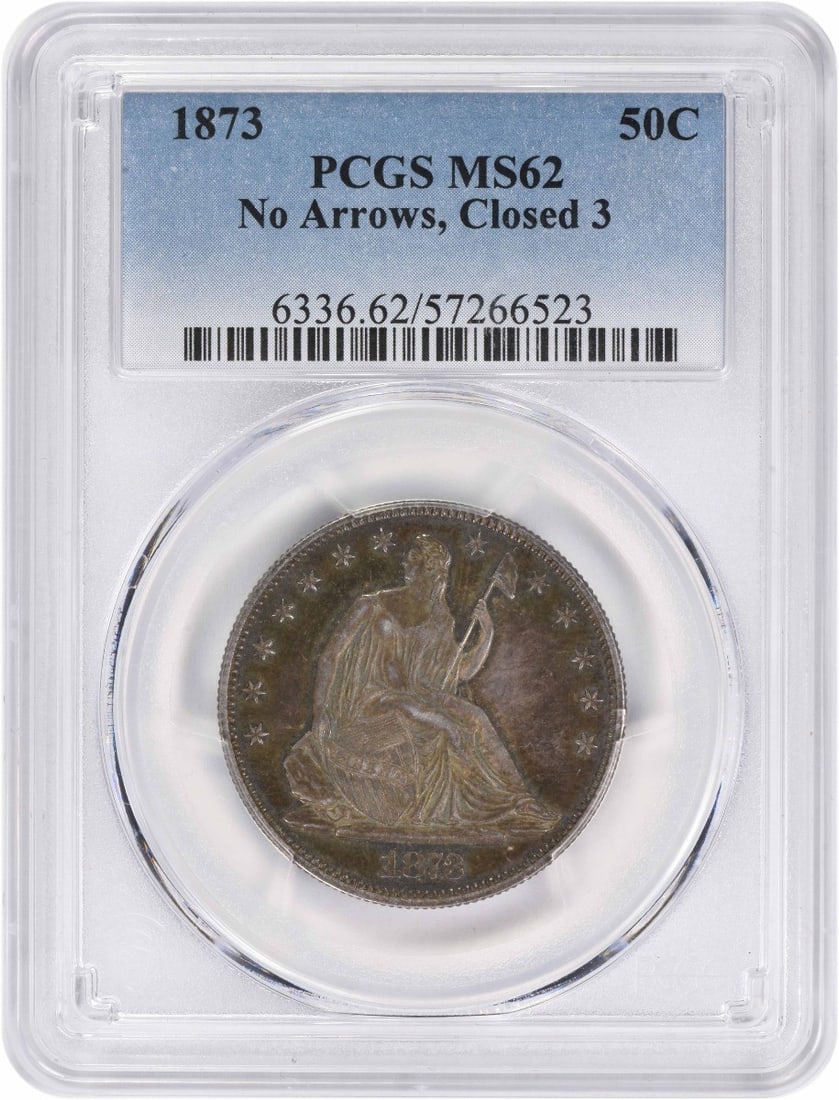 1873 Liberty Seated Silver Half Dollar MS62 PCGS Uncirculated: 1873 Liberty Seated Silver Half Dollar MS62 PCGS Uncirculated This 1873 Liberty Seated Silver Half Dollar is an exquisite piece of numismatic history. Struck at the Philadelphia Mint, this coin featur