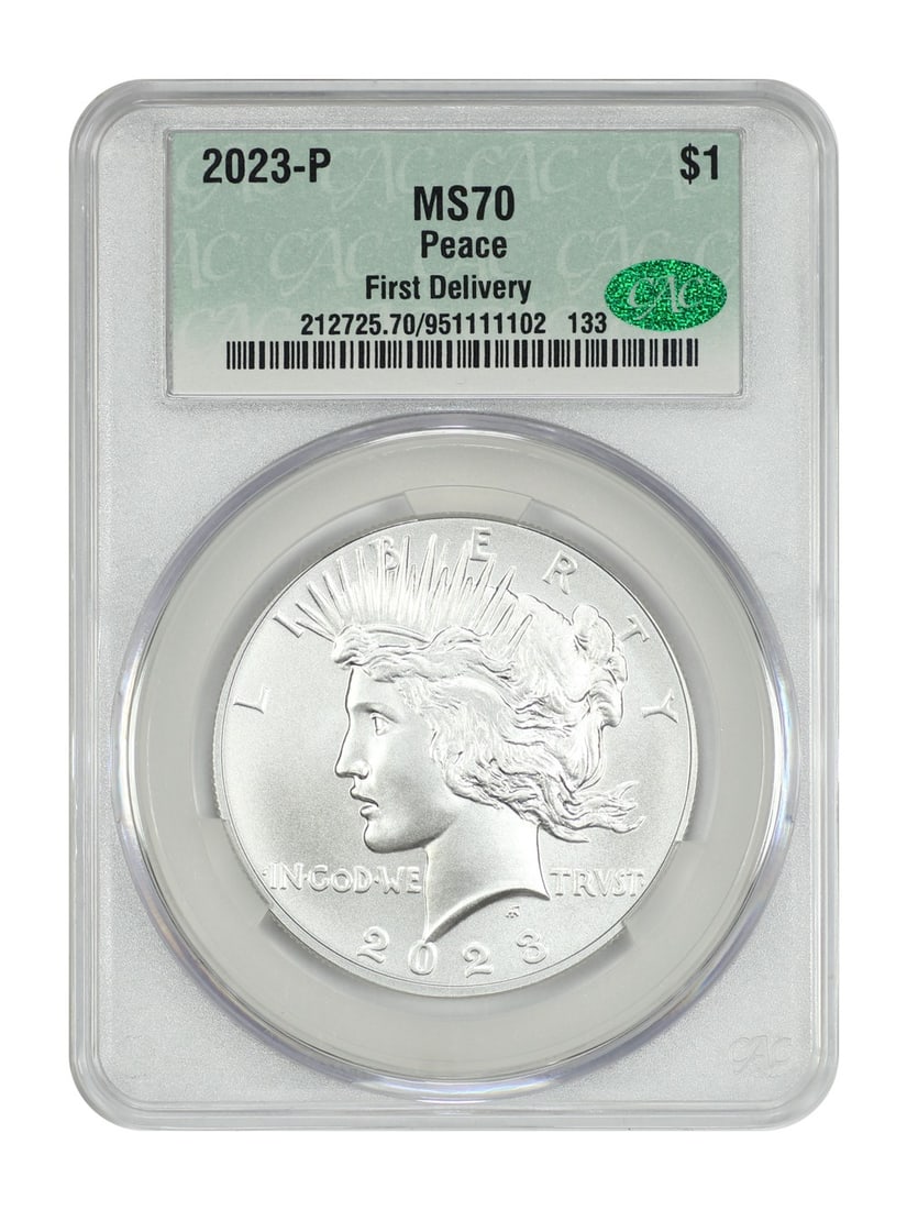CACG MS70 2023 Philadelphia Peace Dollar First Delivery: CACG MS70 2023 Philadelphia Peace Dollar First Delivery This is a 2023-P Peace Dollar graded MS70 by CACG as a First Delivery coin. Minted in Philadelphia, this uncirculated $1 coin is part of the Mod