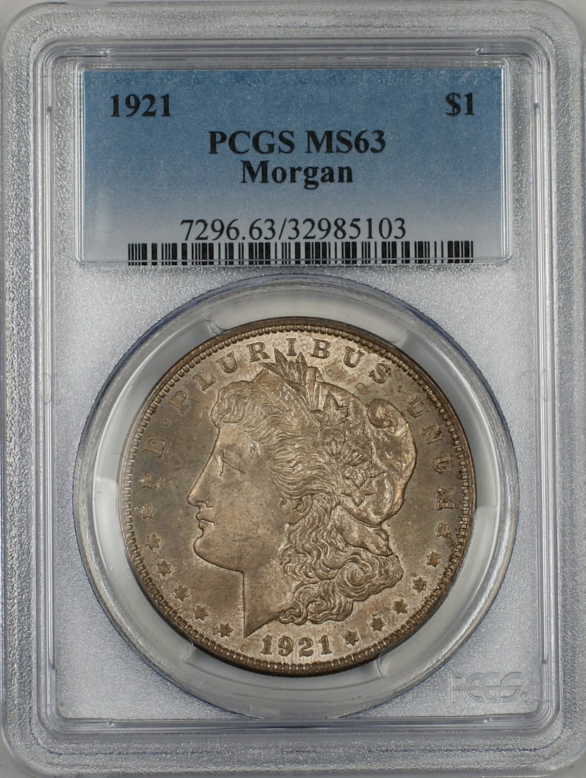 PCGS MS-63 1921 Morgan Toned Silver Dollar from Philadelphia Mint: PCGS MS-63 1921 Morgan Toned Silver Dollar from Philadelphia Mint This 1921 Morgan Silver Dollar is certified by PCGS with a grade of MS-63. The coin is uncirculated and features attractive toning. It