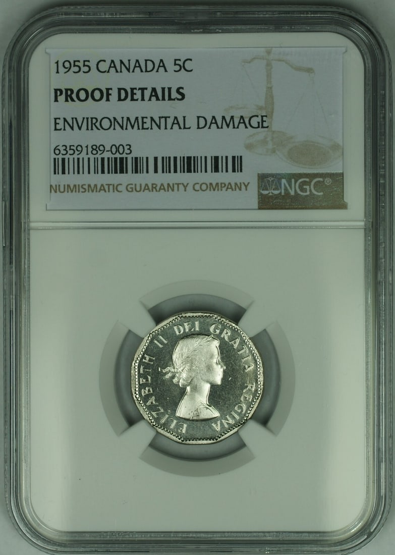 NGC Proof Details 1955 Canadian 5 Cent Coin with Environmental Damage: NGC Proof Details 1955 Canadian 5 Cent Coin with Environmental Damage This is a 1955 Canada five cent coin certified by NGC with a grade of Proof Details and noted environmental damage. The coin is un