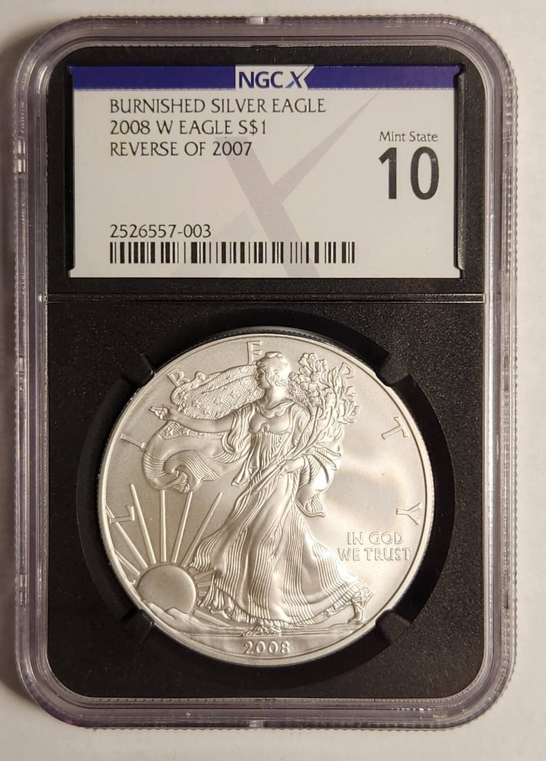 2008/7 Silver Eagle NGCX 10 Burnished Reverse of 2007: 2008/7 Silver Eagle NGCX 10 Burnished Reverse of 2007 This 2008/7 Burnished Silver Eagle features a striking reverse design from 2007 and is certified by NGCX with a grade of 10. Made of high-quality