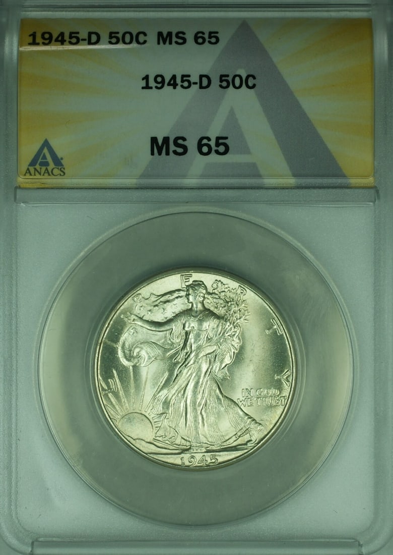 ANACS MS-65 1945-D Liberty Walking Silver Half Dollar 50C Uncirculated: ANACS MS-65 1945-D Liberty Walking Silver Half Dollar 50C Uncirculated This is a 1945-D Walking Liberty Silver Half Dollar with a 50-cent denomination, certified by ANACS and graded MS-65. Minted in D