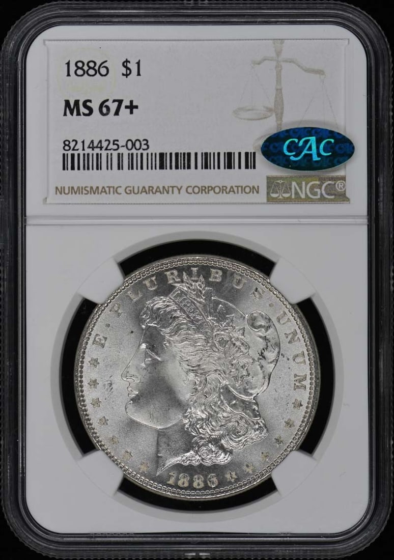 1886 Morgan Dollar NGC MS67+ CAC Uncirculated Coin: 1886 Morgan Dollar NGC MS67+ CAC Uncirculated Coin This 1886 Morgan Dollar is a stunning example of American numismatic history. Graded MS67+ by NGC, it showcases exceptional quality with a high level