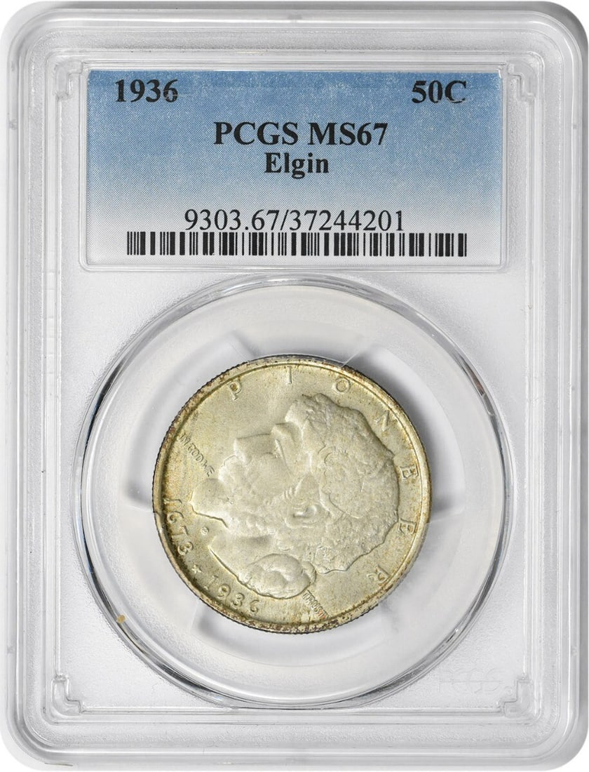 1936 Elgin Commemorative Silver Half Dollar MS67 PCGS 90% Silver: 1936 Elgin Commemorative Silver Half Dollar MS67 PCGS 90% Silver This Elgin Commemorative Silver Half Dollar from 1936 is a remarkable piece of numismatic history. Graded MS67 by PCGS, this uncirculat
