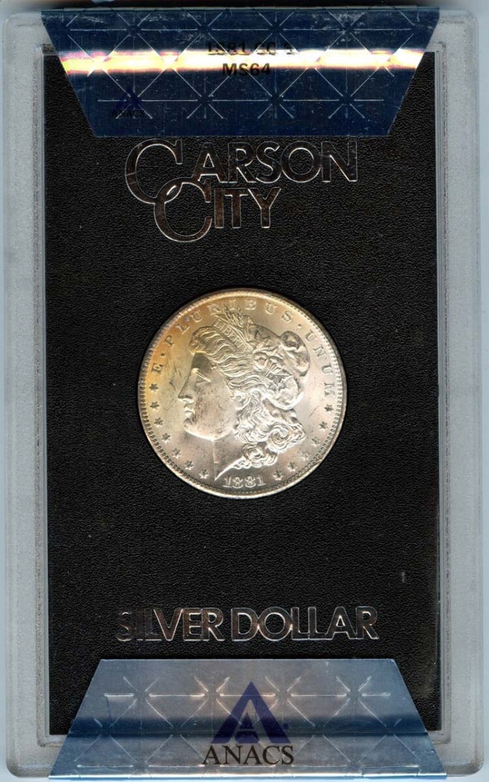 1881-CC Morgan Dollar GSA Hoard ANACS MS64 CAC Certified: 1881-CC Morgan Dollar GSA Hoard ANACS MS64 CAC Certified This 1881-CC Morgan Dollar is a stunning example from the GSA Hoard, certified by ANACS with a grade of MS64. Struck at the Carson City Mint, t