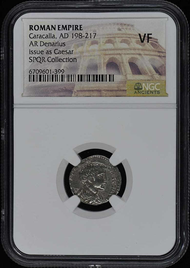 Caracalla Roman Empire AR Denarius NGC VF20 Certified Coin: Caracalla Roman Empire AR Denarius NGC VF20 Certified Coin This Ancient Roman AR Denarius, minted during the reign of Emperor Caracalla from AD 198 to 217, is a remarkable piece for collectors of Roma