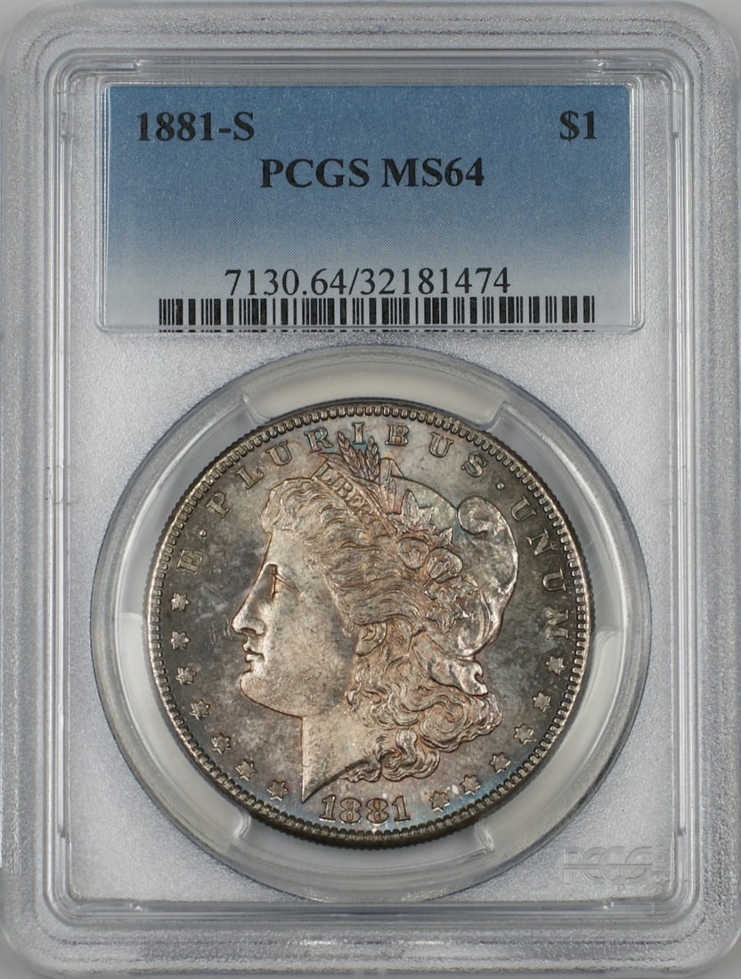 PCGS MS-64 1881-S San Francisco Morgan Silver Dollar with Colorful Toning: PCGS MS-64 1881-S San Francisco Morgan Silver Dollar with Colorful Toning This 1881-S Morgan Silver Dollar features attractive toning, especially on the top and bottom of the obverse. Certified by PCG
