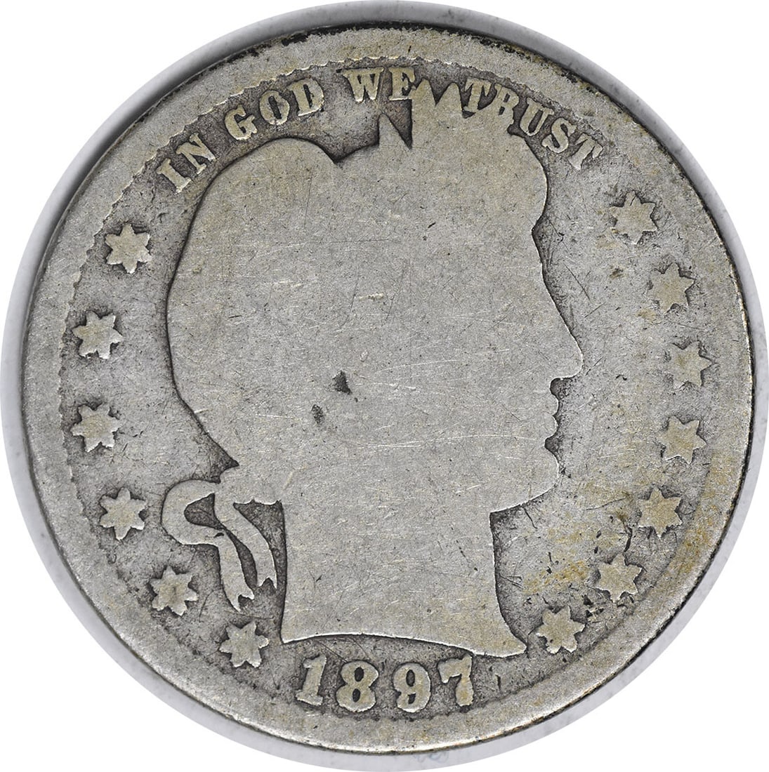 1897-S Barber Silver Quarter 25C Uncertified 90% Silver Coin: 1897-S Barber Silver Quarter 25C Uncertified 90% Silver Coin This 1897-S Barber Silver Quarter is a unique piece of numismatic history. Struck in San Francisco, this coin features a classic design by