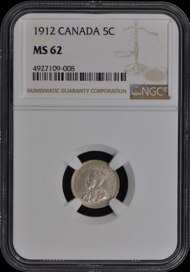 1912 Canada 5 Cent Coin NGC MS62 Certified Uncirculated: 1912 Canada 5 Cent Coin NGC MS62 Certified Uncirculated This 1912 Canada 5-Cent coin is certified by NGC with a grade of MS62, indicating it is in uncirculated condition. The coin features details tha