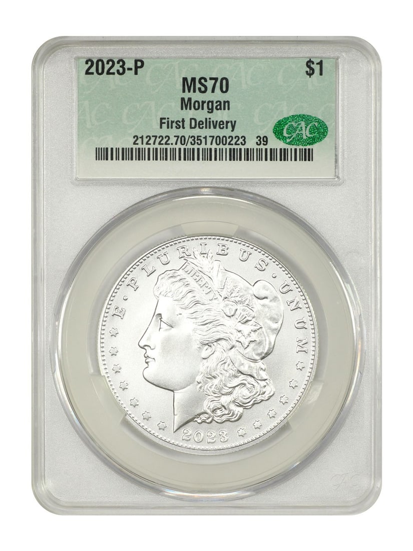 CACG MS70 2023 Philadelphia Morgan Dollar First Delivery: CACG MS70 2023 Philadelphia Morgan Dollar First Delivery This is a 2023-P Morgan Dollar, certified by CACG with a grade of MS70, indicating a flawless uncirculated condition. The coin is part of the M