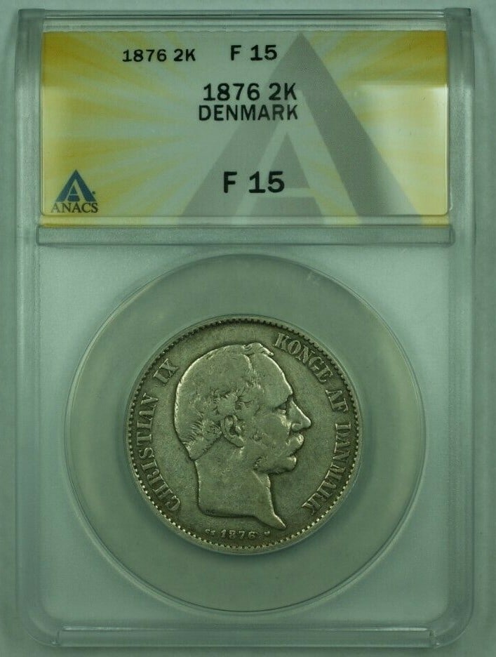 Denmark 2 Kroner 1876 Silver Coin Certified by ANACS F 15: Denmark 2 Kroner 1876 Silver Coin Certified by ANACS F 15 This is an 1876 Denmark 2 Kroner silver coin that has been certified by ANACS with a grade of F-15. The coin is circulated and made from silve