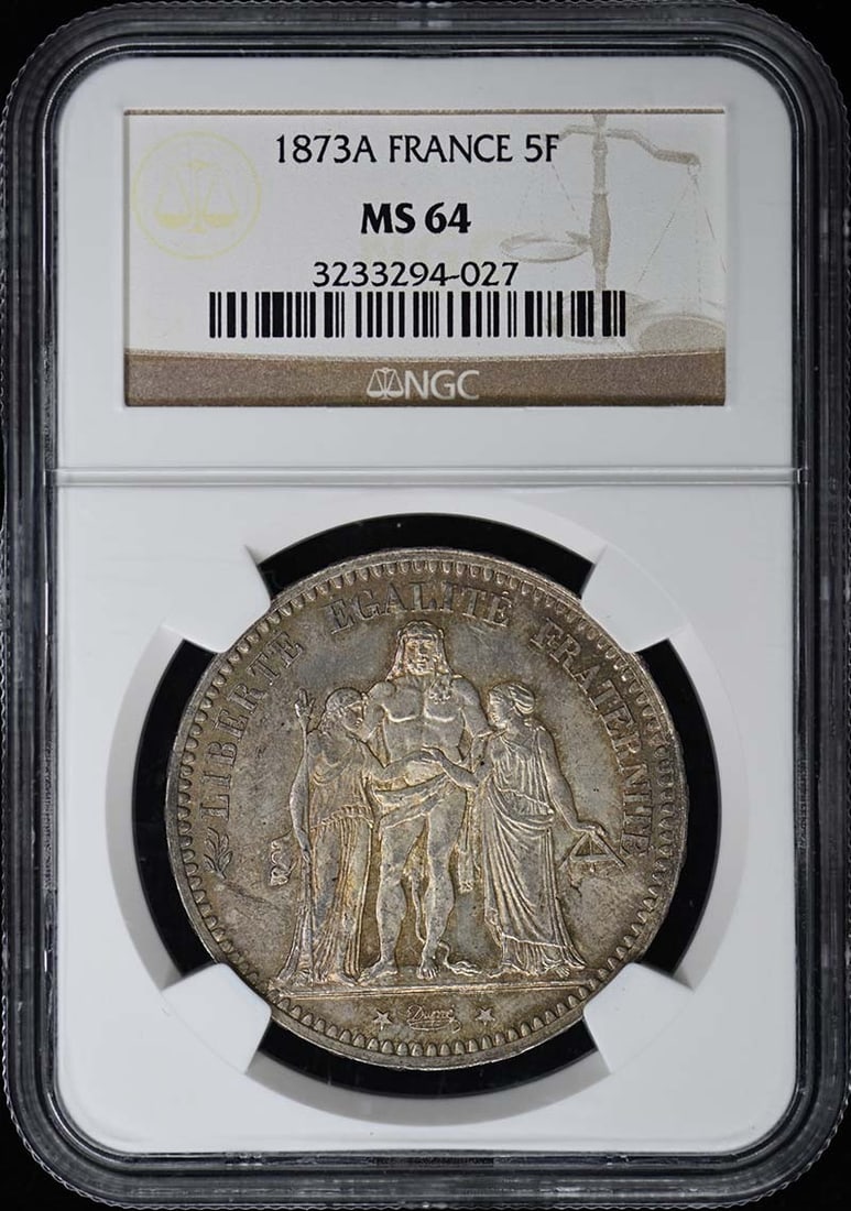 1873 France 5 Franc Coin NGC MS64 Uncirculated Certified: 1873 France 5 Franc Coin NGC MS64 Uncirculated Certified This 1873 France 5 Franc coin is certified by NGC with a grade of MS64, indicating it is in uncirculated condition. The coin showcases historic