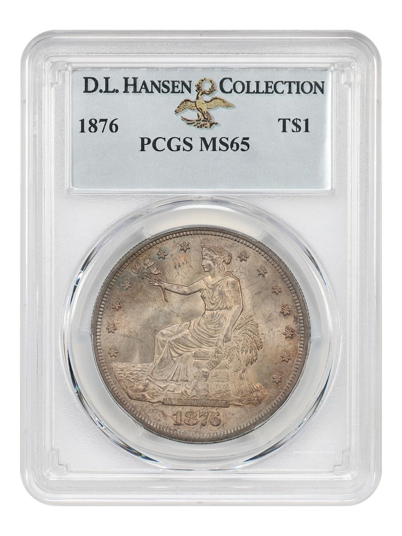 PCGS MS65 1876 Trade Dollar From D L Hansen Collection: PCGS MS65 1876 Trade Dollar From D L Hansen Collection This is an 1876 Trade Dollar, certified by PCGS with a grade of MS65. Struck at the Philadelphia Mint, this coin is uncirculated and retains stro