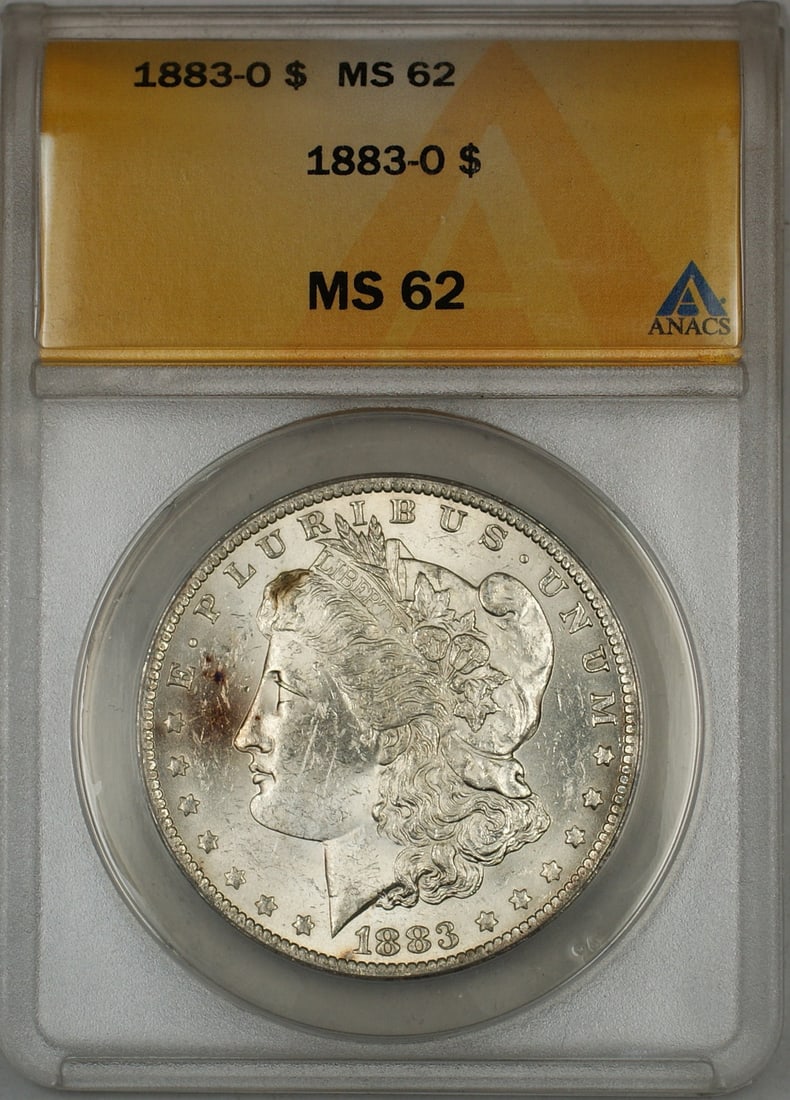 ANACS MS-62 1883-O Silver Dollar from New Orleans Mint: ANACS MS-62 1883-O Silver Dollar from New Orleans Mint This 1883-O Morgan Silver Dollar is certified by ANACS with a grade of MS-62, indicating an uncirculated and well-preserved example. Minted in Ne
