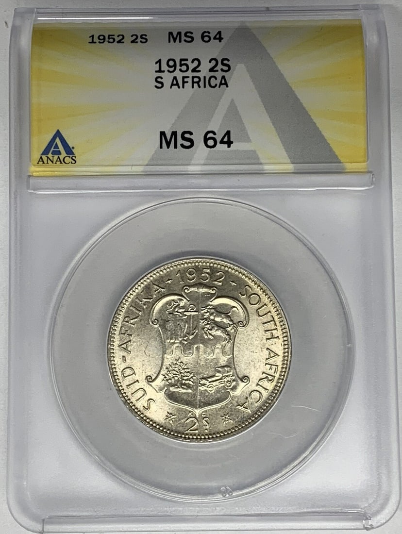 South Africa 1952 Silver 2 Shilling Coin ANACS Certified MS 64: South Africa 1952 Silver 2 Shilling Coin ANACS Certified MS 64 This 1952 South Africa 2 Shilling coin is composed of silver and has been graded MS 64 by ANACS. It is a pre-owned collectible coin from