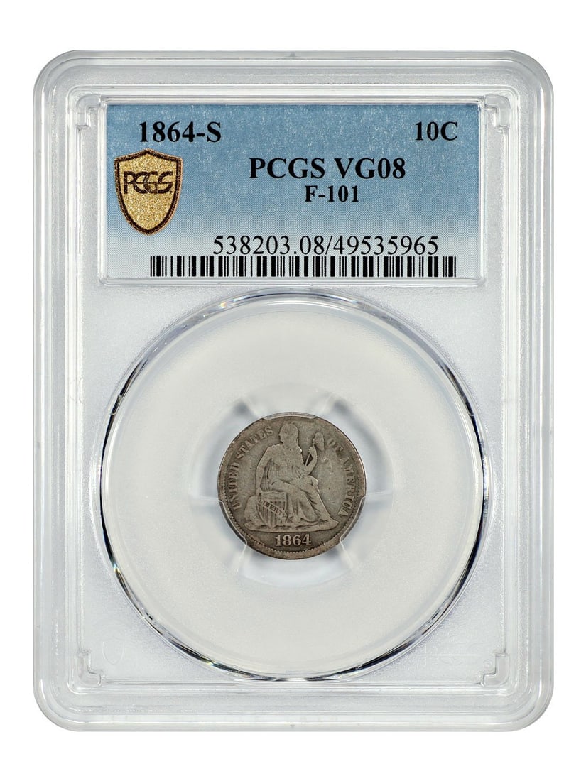 PCGS VG08 1864-S Liberty Seated Dime Scarce San Francisco Issue: PCGS VG08 1864-S Liberty Seated Dime Scarce San Francisco Issue This 1864-S Liberty Seated Dime is a scarce Civil War era coin, minted in San Francisco. Graded VG08 by PCGS, it is a circulated example