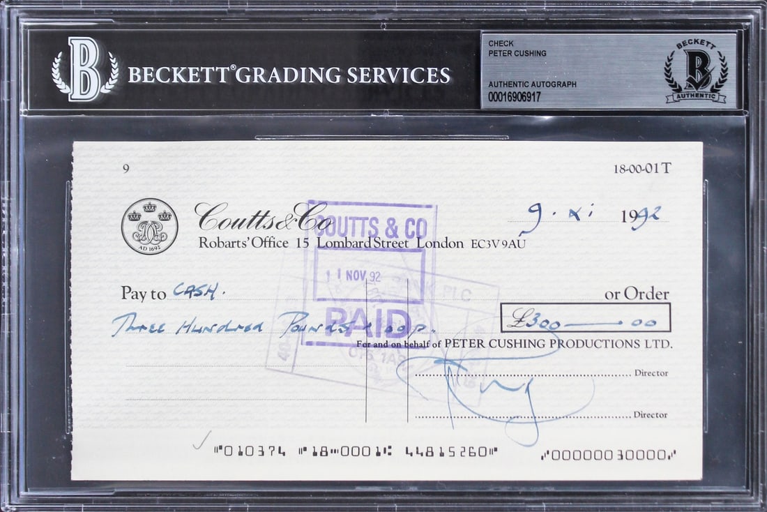 Peter Cushing Star Wars Signed 4x7.5 Check Beckett Authenticated: Peter Cushing Star Wars Signed 4x7.5 Check Beckett Authenticated This is an authentic autographed check dated November 9, 1992, issued by Peter Cushing Productions Ltd, personally signed by the legend