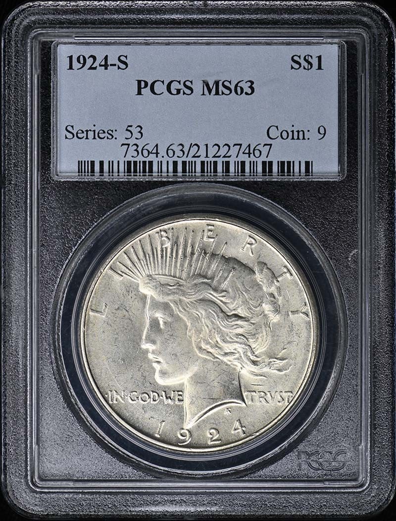 1924-S Peace Dollar PCGS MS63 Uncirculated San Francisco: 1924-S Peace Dollar PCGS MS63 Uncirculated San Francisco This 1924-S Peace Dollar is graded MS63 by PCGS, ensuring its quality and authenticity. The coin is in uncirculated condition, showcasing its p