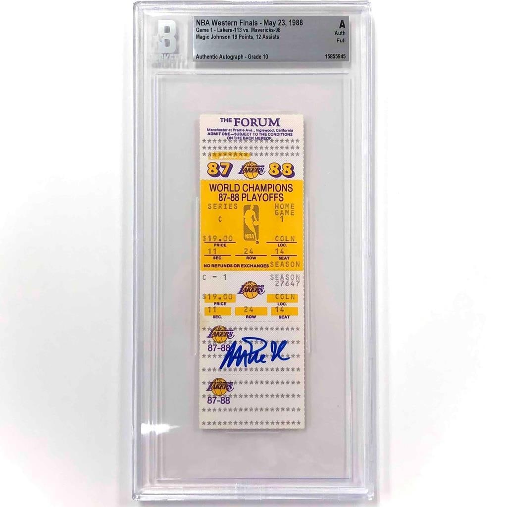 Magic Johnson 1988 Western Conference Finals Signed Ticket BGS BAS Auto 10: Magic Johnson 1988 Western Conference Finals Signed Ticket BGS BAS Auto 10 This is an original full playoff ticket from the 1988 Western Conference Finals, signed by the legendary basketball player Ma