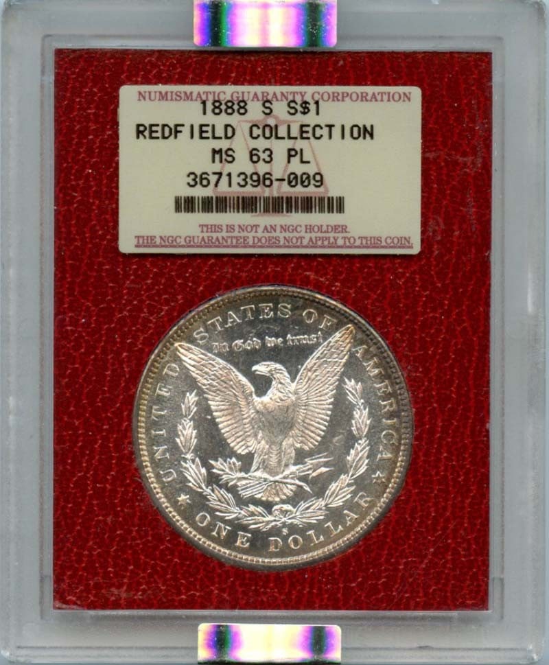 1888-S Morgan Dollar NGC MS63 PL Redfield Hoard Uncirculated: 1888-S Morgan Dollar NGC MS63 PL Redfield Hoard Uncirculated This 1888-S Morgan Dollar is graded MS63 by NGC, featuring a PL (Prooflike) designation. Struck in San Francisco, this uncirculated coin sh