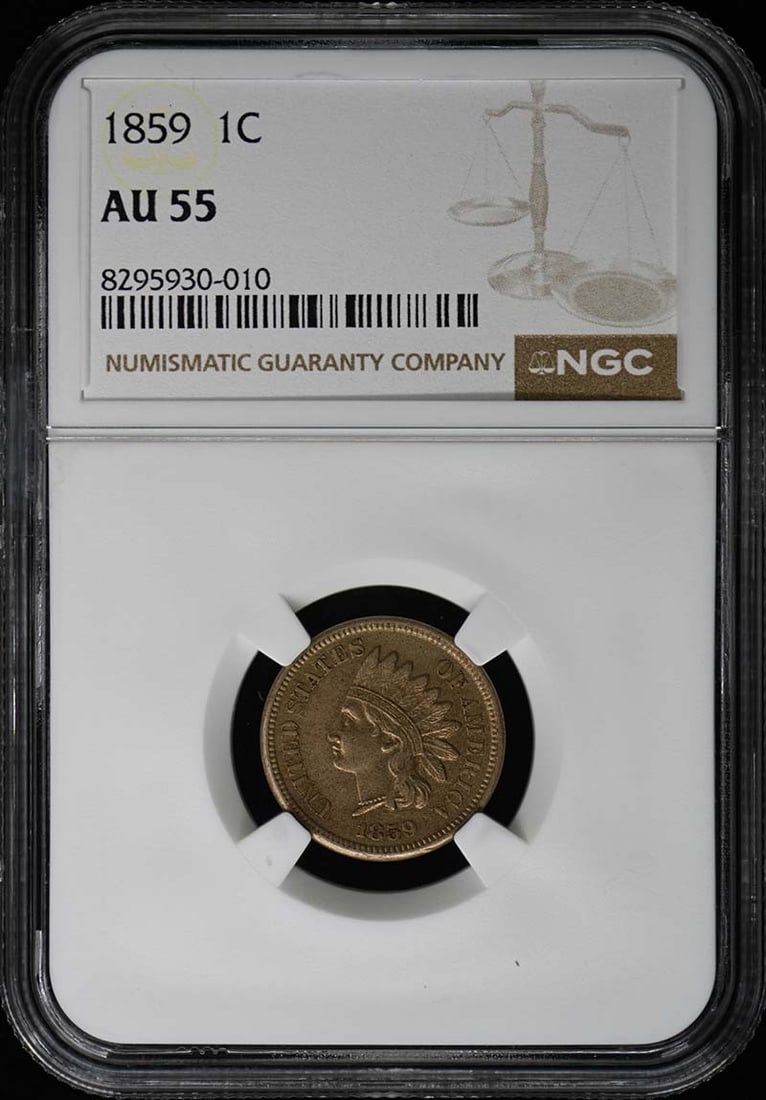 1859 NGC AU55 Copper-Nickel Indian Cent Coin Philadelphia: 1859 NGC AU55 Copper-Nickel Indian Cent Coin Philadelphia This 1859 Copper-Nickel Indian Cent is a beautiful piece of numismatic history, graded AU55 by NGC. This coin was minted in Philadelphia and s
