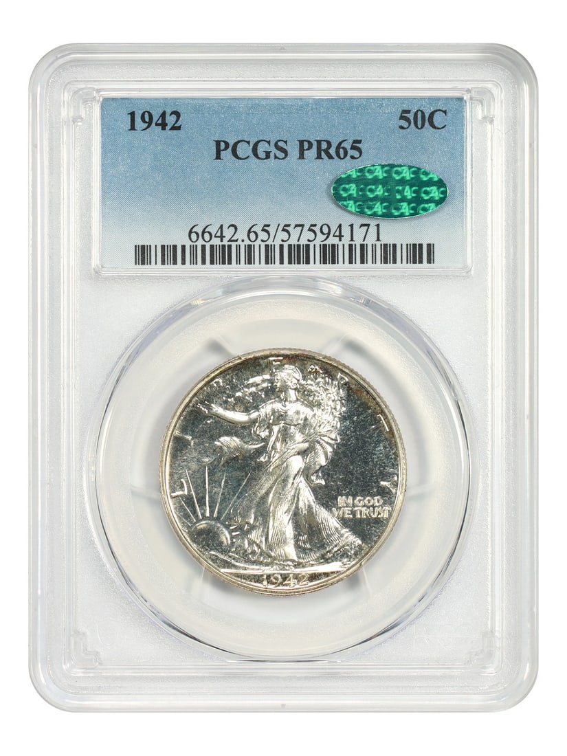 PCGS CAC PR65 1942 Walking Liberty Half Dollar 50C Coin: PCGS CAC PR65 1942 Walking Liberty Half Dollar 50C Coin This is a 1942 Walking Liberty Half Dollar graded PR65 by PCGS with CAC approval. The coin is uncirculated and was minted in Philadelphia. It is