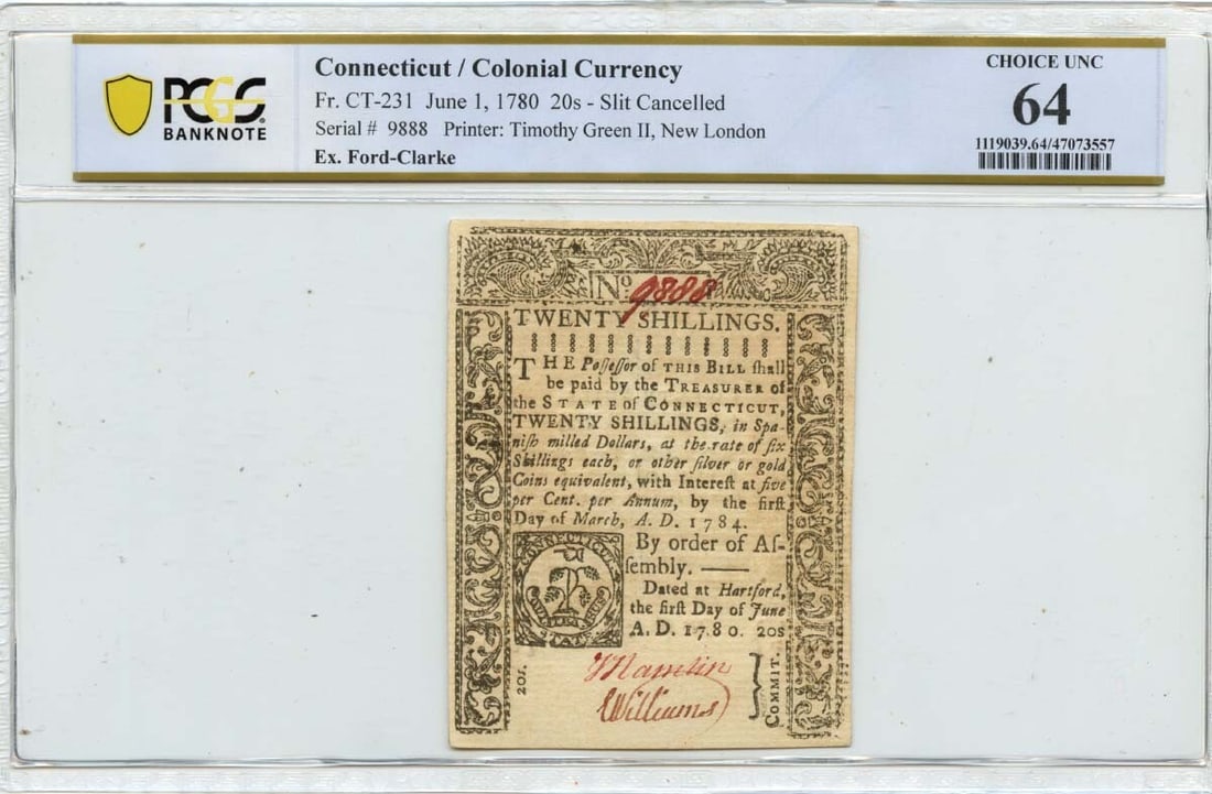 1780 Connecticut Colonial Note 20s CT-231 PCGS MS64 Certified: 1780 Connecticut Colonial Note 20s CT-231 PCGS MS64 Certified This is a 1780 June 1, 20 Shillings Connecticut Colonial Note, designated as FR#CT-231. The note is certified by PCGS Banknote with certif