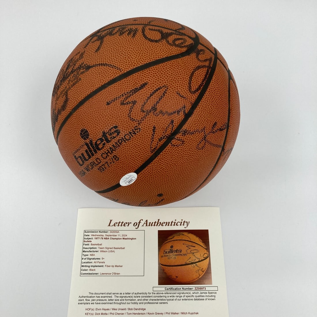 1977-1978 Washington Bullets Team Signed Wilson Basketball JSA Authenticated: 1977-1978 Washington Bullets Team Signed Wilson Basketball JSA Authenticated Celebrate the legacy of the Washington Bullets with this official 1977-1978 NBA Champions team signed Wilson game basketbal