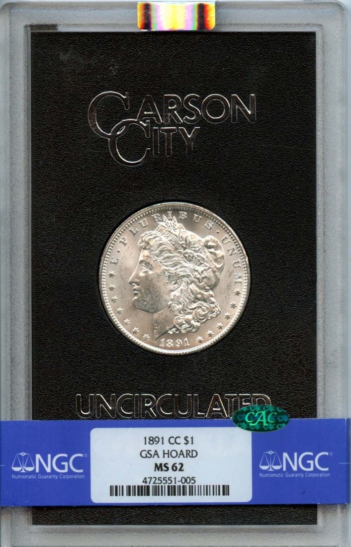 1891-CC Morgan Dollar GSA Hoard NGC MS62 CAC Certified: 1891-CC Morgan Dollar GSA Hoard NGC MS62 CAC Certified This 1891-CC Morgan Dollar is a stunning example of American coinage, certified by NGC with a grade of MS62 and an additional CAC designation, co