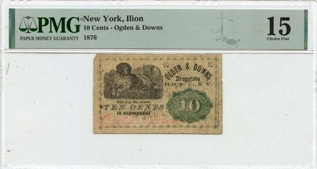 1876 10 Cents Ilion New York Merchant Script Note PMG F15: 1876 10 Cents Ilion New York Merchant Script Note PMG F15 This item is an obsolete note from 1876 with a denomination of 10 cents, issued by Merchant Script in New York, specifically from Ilion Ogden