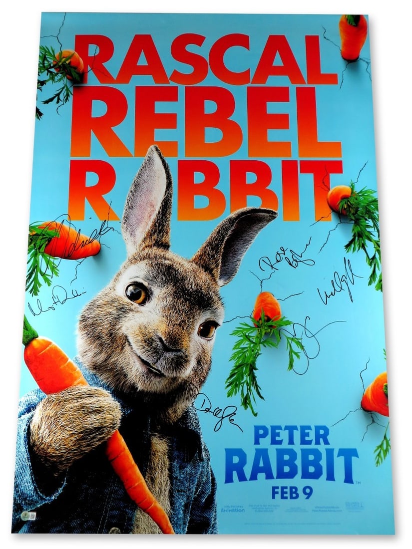 Peter Rabbit Cast Signed 27X40 Poster James Corden Margot Robbie Beckett Authenticated: Peter Rabbit Cast Signed 27X40 Poster James Corden Margot Robbie Beckett Authenticated This original 27" x 40" poster features the cast of "Peter Rabbit," autographed by prominent actors James Corden,