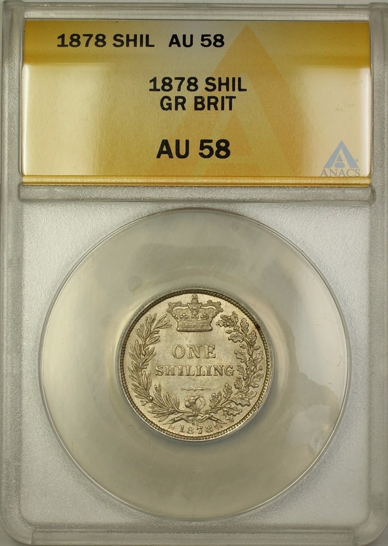 United Kingdom 1878 Silver Shilling Die 68 ANACS AU 58: United Kingdom 1878 Silver Shilling Die 68 ANACS AU 58 This is an 1878 Great Britain Die 68 1 Shilling silver coin, certified by ANACS with a grade of AU-58. The coin is circulated and composed of sil