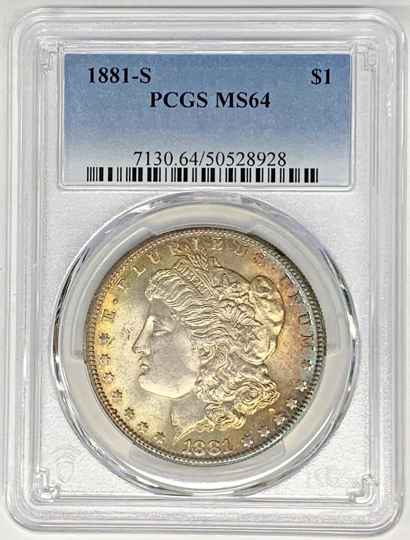 PCGS MS 64 1881-S Morgan Dollar Silver Toned Uncirculated Coin: PCGS MS 64 1881-S Morgan Dollar Silver Toned Uncirculated Coin This is an 1881-S Morgan Silver Dollar from the United States, featuring attractive toning. The coin is uncirculated and has been graded