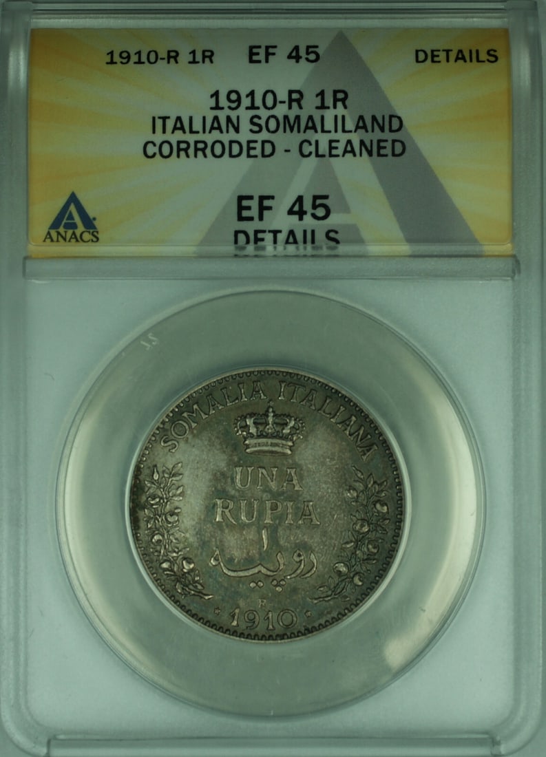 1910 Italian Somaliland Silver One Rupia Coin ANACS XF 45: 1910 Italian Somaliland Silver One Rupia Coin ANACS XF 45 This is a 1910-R Italian Somaliland one rupia coin, composed of 0.917 fine silver. The coin has been circulated and is certified by ANACS with