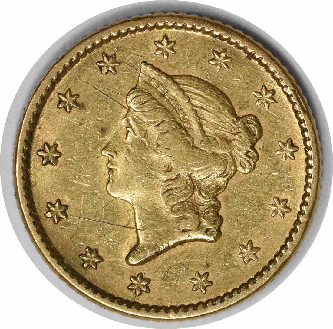 1851 Type 1 Gold Dollar Coin Extra Fine Uncertified Philadelphia Mint: 1851 Type 1 Gold Dollar Coin Extra Fine Uncertified Philadelphia Mint This is an 1851 $1 Gold Type 1 coin from the United States, designed by James Barton Longacre. The coin is circulated, uncertified