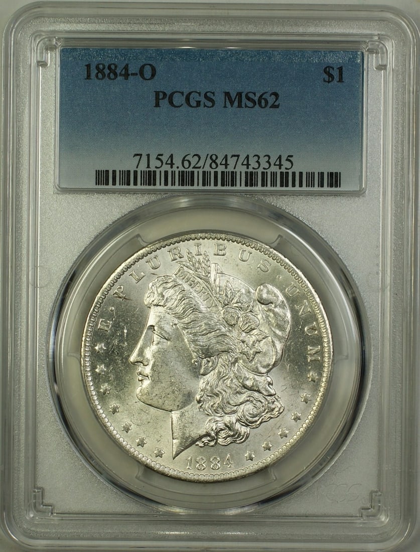 PCGS MS62 1884-O Morgan Dollar Uncirculated Silver $1 Coin New Orleans Mint: PCGS MS62 1884-O Morgan Dollar Uncirculated Silver $1 Coin New Orleans Mint This 1884-O Morgan Silver Dollar is a $1 coin from the United States, minted in New Orleans. Graded MS 62 by PCGS, the coin