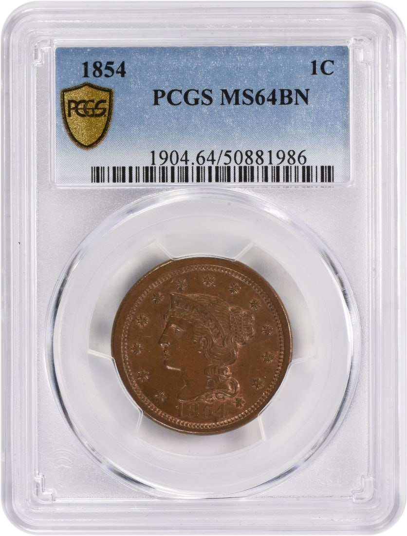 1854 Large Cent MS64BN PCGS Braided Hair Copper Coin: 1854 Large Cent MS64BN PCGS Braided Hair Copper Coin This 1854 Large Cent, graded MS64BN by PCGS, showcases a stunning uncirculated condition. Struck at the Philadelphia mint, this coin features the c