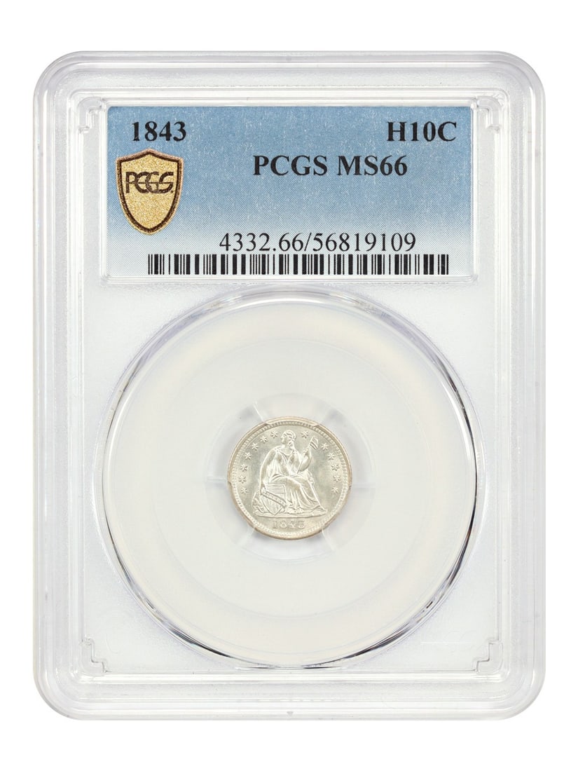 PCGS MS66 1843 Liberty Seated Half Dime White Gem Uncirculated: PCGS MS66 1843 Liberty Seated Half Dime White Gem Uncirculated This 1843 Liberty Seated Half Dime is certified by PCGS with a grade of MS66. The coin features a white luster and is uncirculated, showc