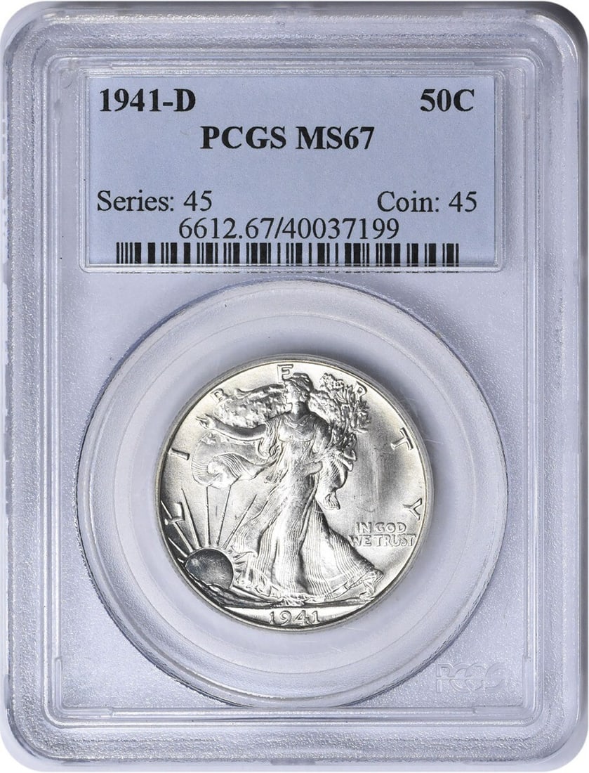1941-D Walking Liberty Half Dollar MS67 PCGS Uncirculated 90% Silver: 1941-D Walking Liberty Half Dollar MS67 PCGS Uncirculated 90% Silver This 1941-D Walking Liberty Silver Half Dollar is a remarkable piece, graded MS67 by PCGS, indicating it is in uncirculated conditi