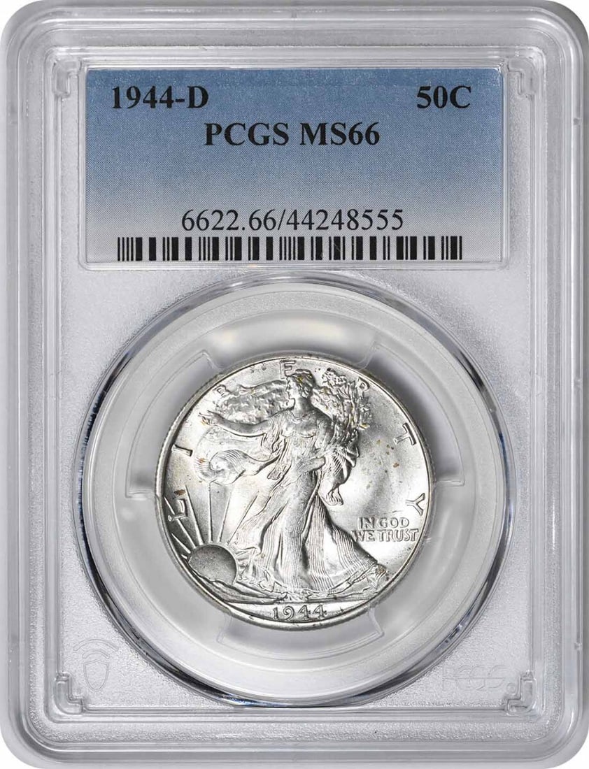 1944-D Walking Liberty Half Dollar MS66 PCGS Uncirculated Silver Coin: 1944-D Walking Liberty Half Dollar MS66 PCGS Uncirculated Silver Coin This 1944-D Walking Liberty Silver Half Dollar, graded MS66 by PCGS, is a stunning example of American coinage. Struck at the Denv