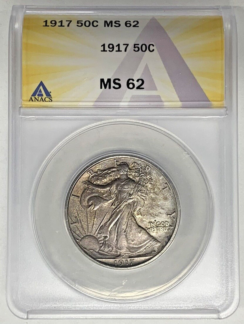 1917 Liberty Walking Half Dollar ANACS MS 62 Toned Uncirculated Coin: 1917 Liberty Walking Half Dollar ANACS MS 62 Toned Uncirculated Coin This 1917 Walking Liberty Half Dollar features a beautifully toned surface and is certified by ANACS with a grade of MS 62. It is a