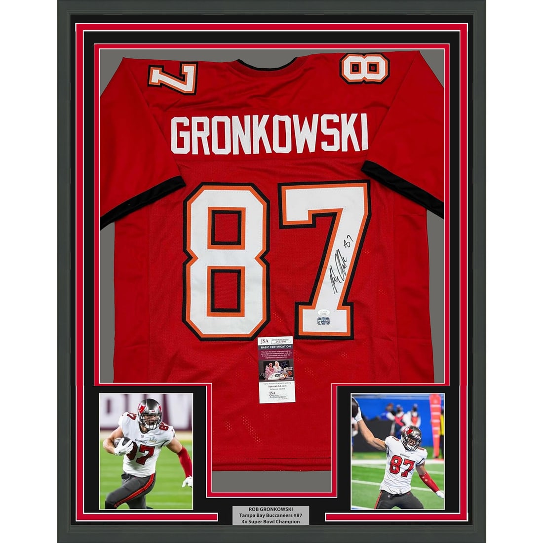 Framed Autographed Rob Gronkowski Jersey 35x39 Tampa Bay Buccaneers JSA COA: Framed Autographed Rob Gronkowski Jersey 35x39 Tampa Bay Buccaneers JSA COA This stunning framed display features an autographed Rob Gronkowski jersey, showcasing your support for the Tampa Bay Buccan