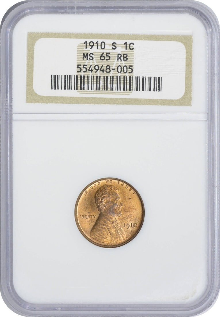 1910-S Lincoln Cent MS65RB NGC Uncirculated San Francisco Mint: 1910-S Lincoln Cent MS65RB NGC Uncirculated San Francisco Mint This 1910-S Lincoln Cent is graded MS65RB by NGC, showcasing its uncirculated condition. Minted in San Francisco, this small cent feature