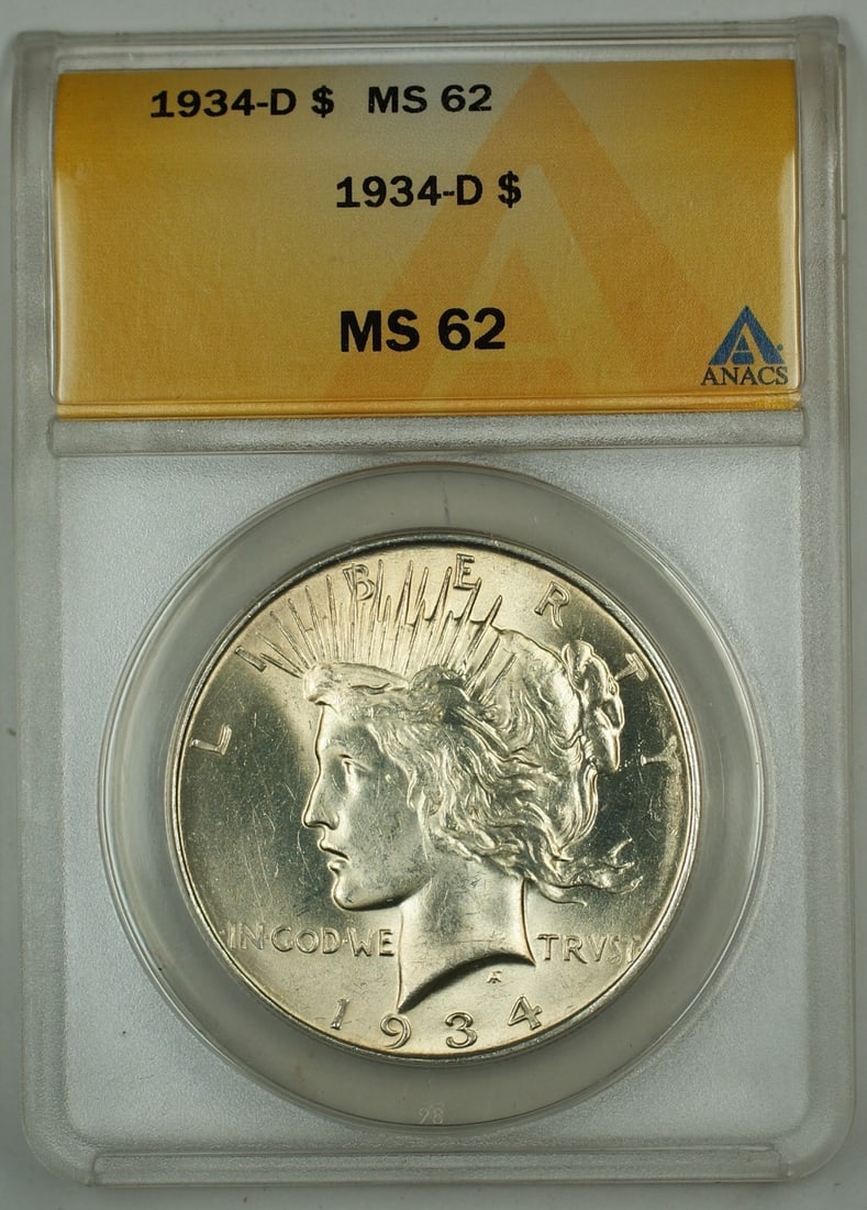 1934 Denver Mint Peace Dollar Silver $1 Coin ANACS MS62: 1934 Denver Mint Peace Dollar Silver $1 Coin ANACS MS62 This is a 1934-D Silver Peace Dollar graded MS-62 by ANACS. Minted in Denver, this uncirculated dollar coin is composed of silver and originates