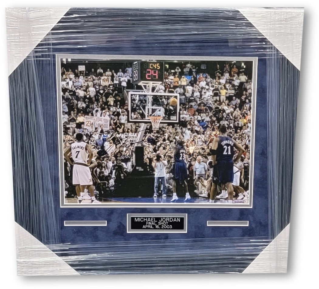 Michael Jordan Autographed 21x22 Framed Photo Final Shot Upper Deck Certified: Michael Jordan Autographed 21x22 Framed Photo Final Shot Upper Deck Certified Celebrate basketball history with this stunning Michael Jordan autographed framed photo, capturing his final shot on April